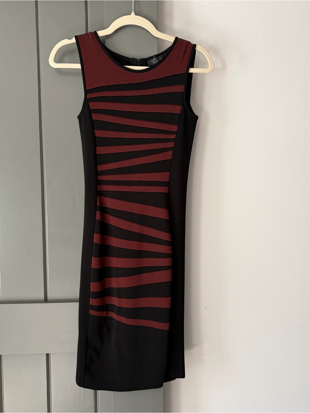 Sleeveless Black and Burgundy Striped Sheath Dress